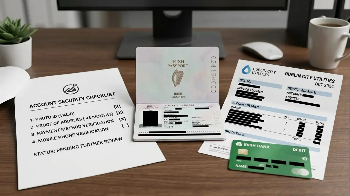 Passport, utility bill, bank card and account-security checklist arranged on a desk with personal details obscured