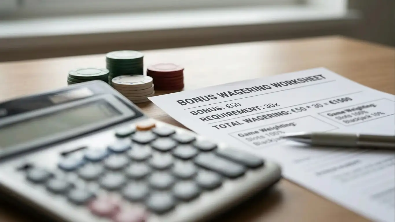 Calculator, casino chips and wagering worksheet arranged on a desk