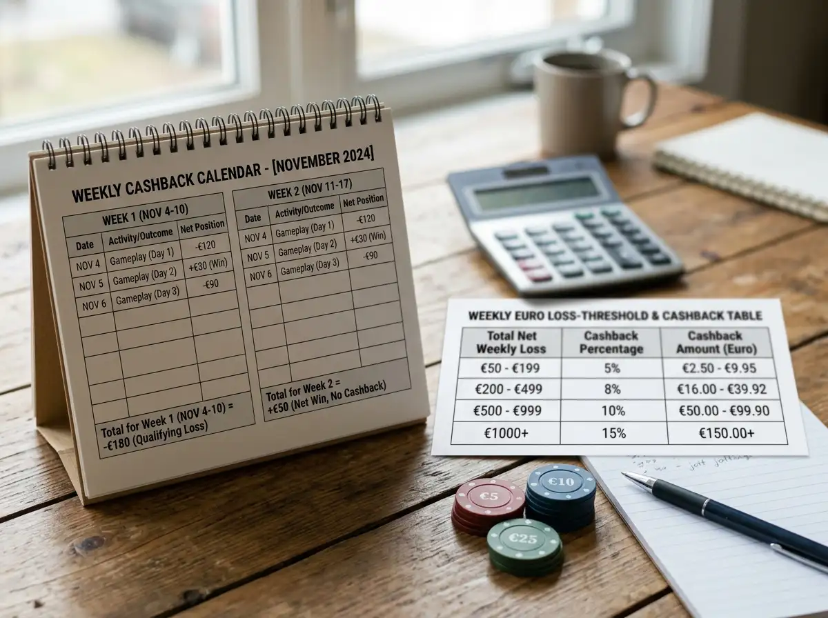 Weekly cashback worksheet with loss thresholds, euro amounts and a simple percentage column