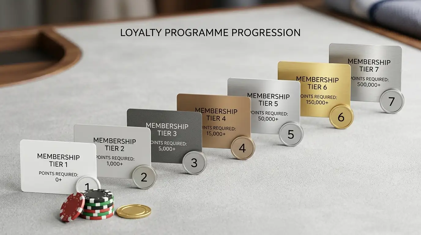 Seven-step loyalty ladder with point markers rising from Member to Supreme beside casino chips and membership cards