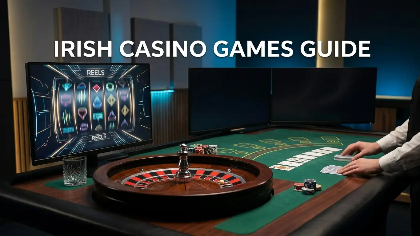 Editorial collage of slot reels, live roulette table and blackjack cards on gaming screens