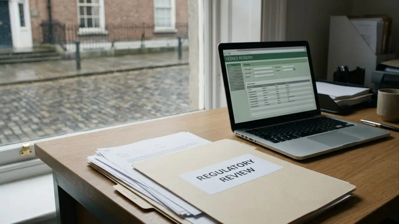 Desk with licence documents, a registry screen and Irish regulatory paperwork