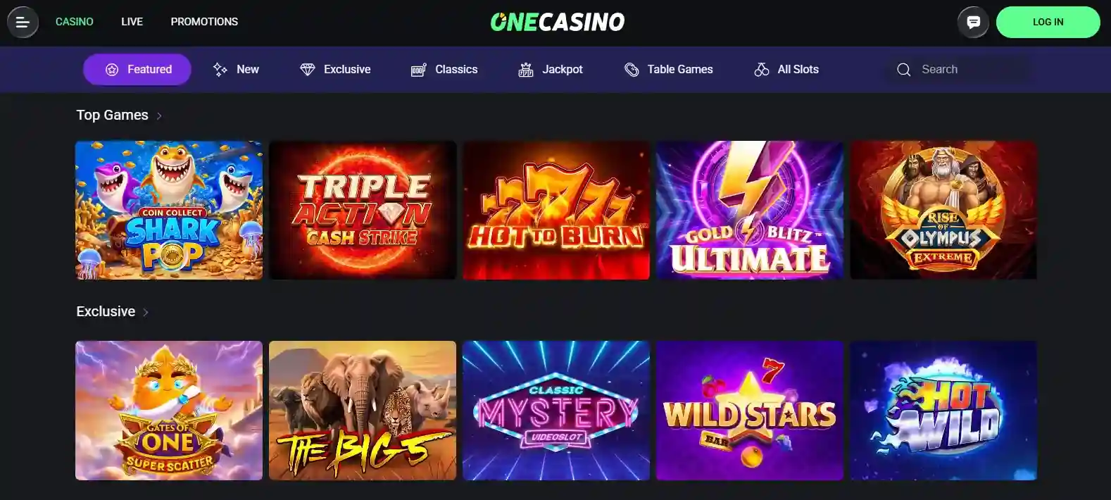 Screenshot of the public OneCasino homepage