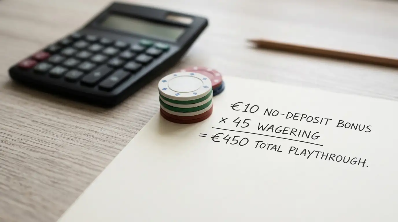 Wagering worksheet showing a ten-euro bonus amount and forty-five-times calculation beside casino chips