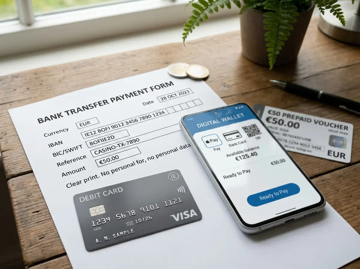 Bank card, bank transfer form and e-wallet icons arranged on a payment desk