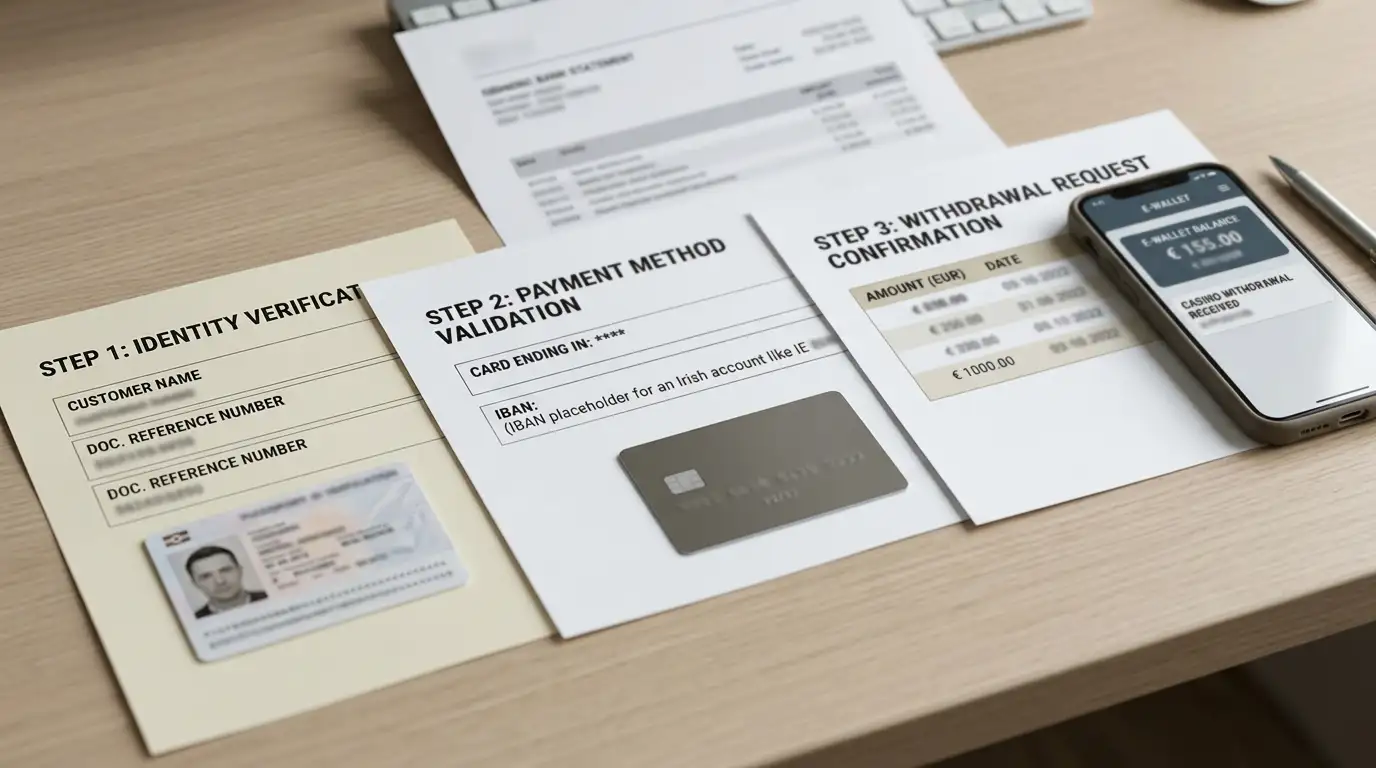 Bank transfer form, payment card and e-wallet phone arranged along a withdrawal workflow